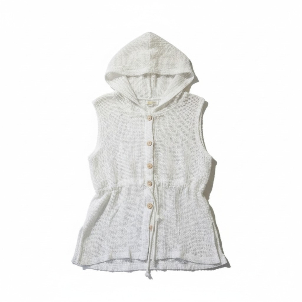 Portocruz women's off white button-down sleeveless cover-up hooded top - medium